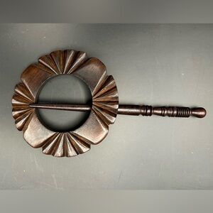 Handmade Round Dark Wooden Shawl Pin Hair Pin 3” Artisan Natural Earthy Textured